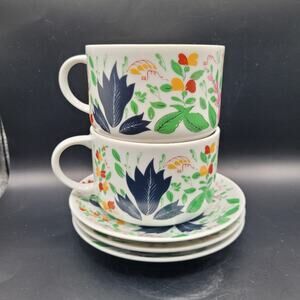 Vintage MCM Georges Briard Country Garden Floral Mugs and Saucer Plates Set